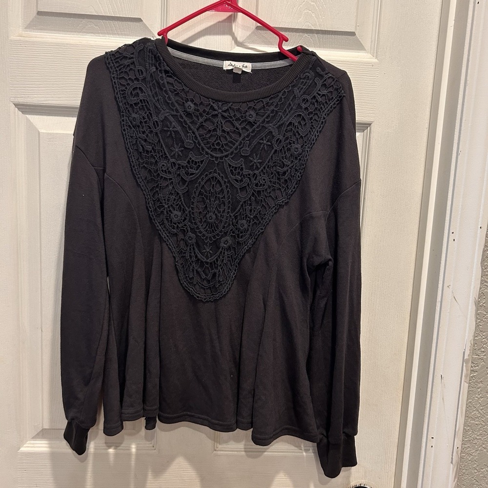 Skylar + Jade Dark Gray Crochet Lace Inset Long Sleeve Peplum Sweatshirt Large